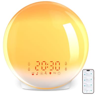 Tageslichtwecker, Lichtwecker Sonnenaufgang Simulation mit 4 Alarme, App Steuerung, Wecker mit Radio, 7 Naturgeräuschen, Snooze, 12 Farbmodi, 20 Helligkeitsstufen, Für Erwachsene, Babys (Gelb)