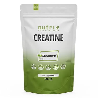 Nutri + Creapure 500g - Creatin Monohydrat Pulver - 100% rein - Ultrafeines Kreatin Neutral hochdosiert - Creatine Powder Vegan aus Deutschland