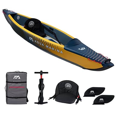 Aqua Marina Tomahawk AIR-K Hochdruck Drop-Stitch Premium Aufblasbares Kajak für 1 Person 375 cm Länge Marine/Gelb