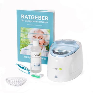 reinerDENT3 Dental Ultraschallgerät inkl. Prothesenbürste + 50ml Probe Prothesenreiniger + Ratgeber Zahnprothesenträger – Zahnschiene, Gebiss, Schiene reinigen – Zahnarzt empfohlen 2 Jahre Garantie