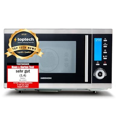 MEDION MD 15501 4 in 1 Mikrowelle mit Grill (25 Liter, 900 Watt, 1100 Watt Grill, 2500 Watt Heißluft, 10 Automatik-Programme) silber