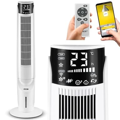 Yoer 33dB Leiser Säulenventilator Tragbare Klimaanlage 6in1, 60W, 10m Reichweite, 2x schnellere Kühlung, Luftbefeuchtung, Aromatherapie, Ionisation, Oszillation, Weiß, Cascado TFC06W