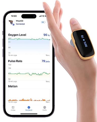 WearO2 Pulsoximeter Fingeroximeter, Bluetooth Sauerstoffsättigung Messgerät, Blutsauerstoffmessgerät Finger Aufladbar mit Bluetooth APP und Vibration, mit 16 Std Akkubetriebsdauer