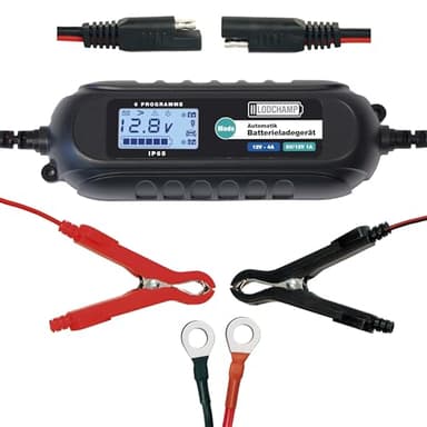 LODCHAMP, 4A Intelligentes Batterieladegerät, 6V/12V KFZ Ladegerät, Erhaltungsladegerät mit Desulfator und Komfortstecker, Polklemmen und Ringösenkabel
