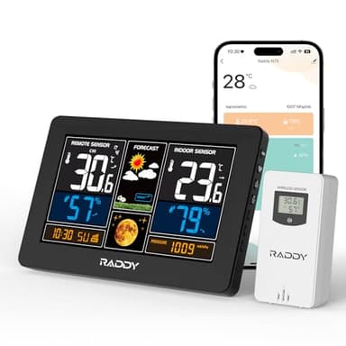 Raddy N75 Wi-Fi Wetterstation mit Außensensor, 7,5" Funk-Wetterstation, Innen und Außen Wettervorhersage mit APP-Steuerung, Netzwerkuhr, Wettervorhersage, Frostwarnung, und einstellbarer Helligkeit
