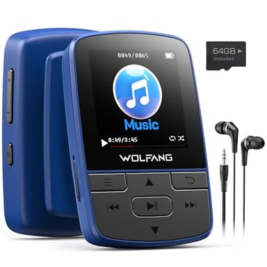 WOLFANG 64 GB MP3-Player mit Bluetooth 5.3, Sportclip, Mini-Größe, Gewicht 28,3 g, HiFi FM-Radio, Diktiergerät, Kopfhörer im Lieferumfang enthalten