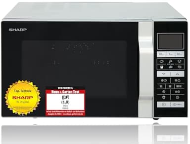 SHARP R-860S Mikrowelle mit Grill & Heißluft – 25 L, 900 W, 6 Automatikprogramme, Flat Table, LCD-Display, Inkl. Crisper-Blech & Rost, Kindersicherung, Pizza-Funktion, Silber/Schwarz
