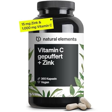 natural elements Vitamin C - 360 Kapseln - Hochdosiert mit 1000mg + 15mg Zink - Pflanzlich fermentiert & gepuffert (pH-neutral, säurefrei, magenschonend) - vegan, laborgeprüfte Qualität
