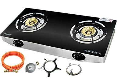 Phönix PS2 Gaskocher 2 flammig Propan 8 KW Glas Kochfeld Gasherd mit Zündsicherung inkl. Gasschlauch-Regler Set