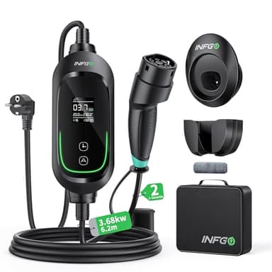 INFGO Mobile Wallbox 3,68kW [1-phasig, 6,2m, 6-16A], EV Charger mit Einstellbarer Ladeleistung, Timer-Funktion, Typ 2 Ladekabel Schuko für Model Y/3, ID.3, i4, EQB, e-tron und weitere PHEV/EV, Schwarz