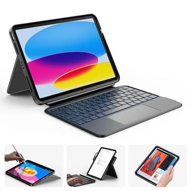 HOU 360° Drehbare & Abnehmbare Hülle mit Tastatur für iPad A16 11/10, 155° Verstellbarer Ständer, Halter für Apple Pencil/Stylus, Multi-Touch Trackpad, 7-Farbige Hintergrundbeleuchtung, QWERTZ