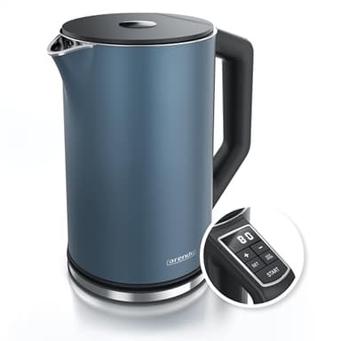 Arendo - Edelstahl Wasserkocher mit Temperatureinstellung 40-100 Grad in 5er Schritten - Doppelwand Design - Modell ELEGANT - 1,5 Liter - 2200 W - Teekocher mit Temperaturanzeige - GS - Admiral Blau