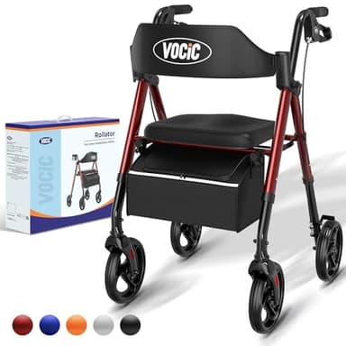 VOCIC Rollator Faltbar und Leicht mit Sit,Rollatoren Schmal für Wohnung,Rollatoren für Senioren Klappbar mit 20cm Reifen für All Gelände,Sitz und Griff Höhenverstellbar,5 Jahre Support|Dunkelrot