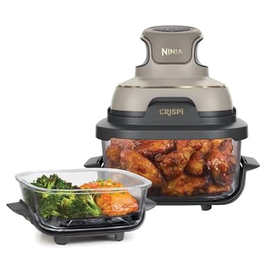 Ninja CRISPi tragbare Airfryer Heißluftfritteuse, 3,8 l, 4-in-1: Heißluftfrittieren, Braten, Warmhalten, Recrisp, 6 Portionen, 2x herausnehmbare Glasbehälter & Deckel, 1700 W, Stone Gold FN101EUSTGD
