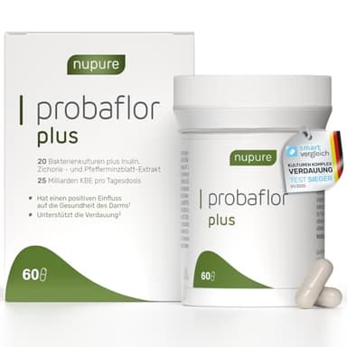Nupure® Probaflor Plus 400 Milliarden KBE/g*, 60 Kapseln, Hochdosiert, 20 Stämme Milchsäurebakterien und Bifidobakterien, Plus Inulin, Magensaftresistente Kapselhülle