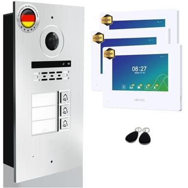 MATHFEL 2-Draht-Bus IP Video-Türsprechanlage 3-Familienhaus Full HD 1080p mit 2 Jahren Garantie – 3X 7-Zoll Full HD Touchscreen, 170° Kamera,RFID, Gegensprechanlage, Wetterfest IP65