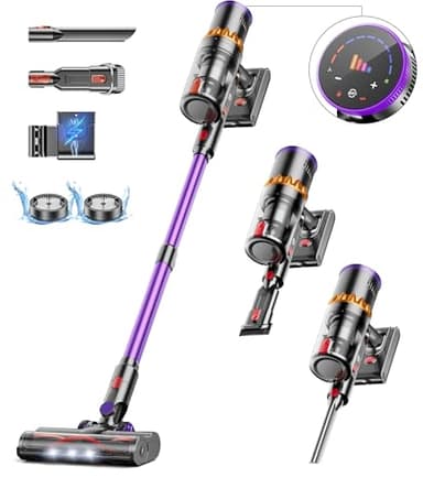 Akku Staubsauger 50000Pa/580W/70Min, 1.6L Staubsauger Kabellos mit Automatische Saugeinstellung, LED Display, Anti-Tangle-Bürste, Wandladestation, Ultraleise, für Tierhaare/Hartböden/Teppiche/Auto