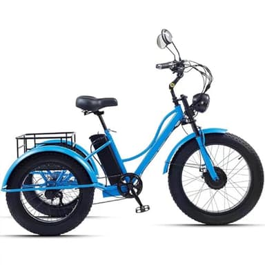 Wasd3Pods Elektrisches Dreirad, 24'' Motorisiertes 7-Gang-Dreirad Für Erwachsene, 750 W, 48 V, 15 Ah, Fat Tire Elektro-Dreirad, LCD-Display + Scheinwerfer, Für Camping-Picknicks,Blue