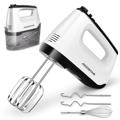 Aigostar Handmixer Elektrisch mit Aufbewahrungskoffer, Handrührer, 400 W, 5 Edelstahlzubehör, Turbolader, Spülmaschinengeeignet, 6-Gang, Auswurftaste.