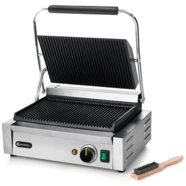 HENDI Kontaktgrill, Panini, gerillte Ausführung, inkl. Grillreinigungsbürste, Temperatur bis 300°C regelbar, Grillfläche 340x235mm, Elektrogrill, 230V/2200W, 430x375x(H)216mm, Edelstahl
