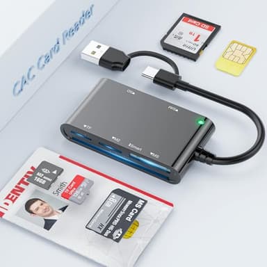 USB C + USB-A Smart Card Reader Militär SIM CAC Kartenleser, 7-in-2 Multi Speicherkarten Lesegerät DOD Military Kartenleser für CAC SIM SD M2 MS Micro-SD MMC, Smartcard Leser ISO 7816 Klasse A,B,C