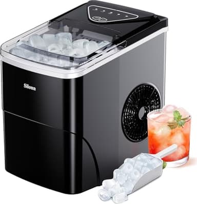 Silonn Eiswürfelmaschine, selbstreinigende kleine Eiswürfelmaschine mit Eisschaufel und Korb,9 Würfel in 6 Minuten fertig 12 KG in 24 Stunden，2 Größen von Bullet Eis für Küche, Büro, Bar und Party