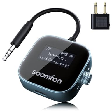 SOOMFON Bluetooth 5.3 Sender Klinke mit Display, 2 in 1 Bluetooth Transmitter Empfänger Splitter für 2 Kopfhörer wie Airpods, Klinke Audio Adapter mit Akku für Flugzeug, TV, Fitness und Stereoanlage