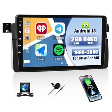 [2G+64G] Android 13 Autoradio für BMW 3er E46 1998-2006 mit Carplay Android Auto, 9 Zoll Touchscreen Radio mit GPS WiFi FM/RDS Bluetooth Mirror Link EQ+AHD Rückfahrkamera & Mic
