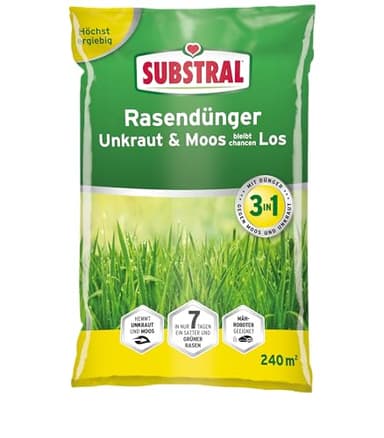 Substral Rasendünger Unkraut & Moos bleibt chancenlos, 7,2kg für 240qm, sattgrüner Rasen in 7 Tagen, düngt bis zu 3 Monate, Grün