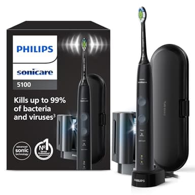 Philips Sonicare ProtectiveClean 5100 elektrische Zahnbürste, Schallzahnbürste mit 3 Putzmodi, Drucksensor, Timer, Reiseetui, UV-Reinigungsgerät, Schwarz, Modell HX6850/57