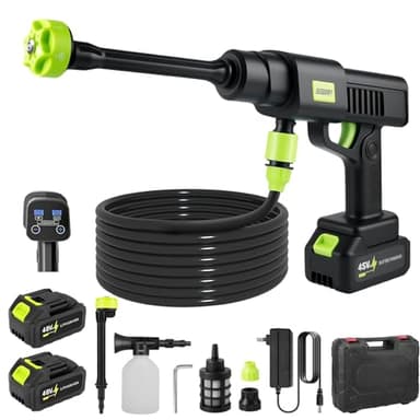 Akku Hochdruckreiniger Mit Multifunktionsdüse, Mobiler Hochdruckreiniger, Pressure Washer, Auto Druckreiniger mit 2*Akku,Schaumsprüher, 5M Schlauch, Hochdruckreiniger für Terrasse, Fenster, Rasen