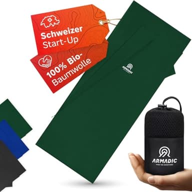 Armadic Hüttenschlafsack aus 100% Bio-Baumwolle mit Reißverschluss (nur 380g) - Ultra leicht, klein und dünn. Reiseschlafsack, Schlafsack Inlett I Ideal für Backpacking, Hostels und Berghütten (Grün)