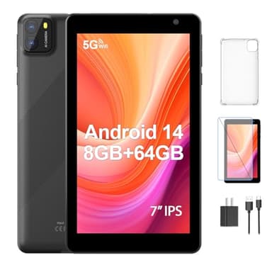 BAKEN 7 Zoll Tablet, Android 14 Tablet with 8GB RAM+64GB ROM 1 TB Erweiterung, Qcta Core Prozessor Tablet PC, 600 x 1024 IPS HD Bildschirm, 3500mAh Akku, Dual Kamera, WiFi (Schwarz)