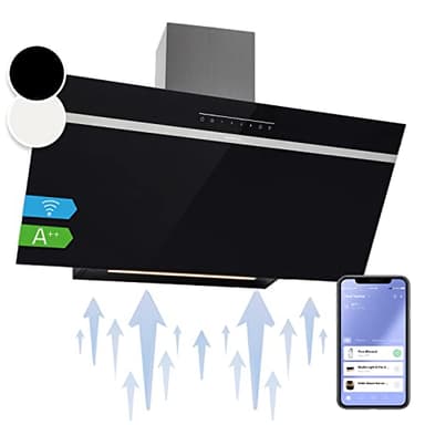 Klarstein Dunstabzugshaube 90 cm Umluft/Abluft, Schwarz mit Spühlmaschinenfestem Filter, Dunstabzug Schräg mit 514m³/h Luftstrom, Abzugshaube Breit, Wandhauben mit Wi-Fi & LEDs