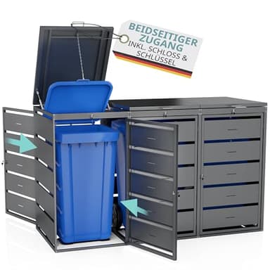 Mülltonnenbox für 3 x 240L Mülltonnen verzinkt Stahl 6 Türen abschließbar 3 abschließbare Deckel mit Gasdruckfedern & Geräuschdämpfer Lüftungsschlitze Anthrazit RAL 7016