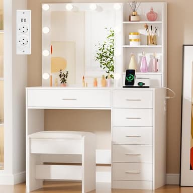 BEWISHOME Schminktisch mit Spiegel und Beleuchtung, Einstellbare Helligkeit, Frisiertisch mit Steckdose, 7 Schubladen und 3 offenen Ablageflächen, Moderner Schminktisch mit Hocker, Weiß EFST51W