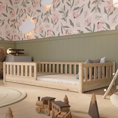 Crazy Pine Kinderbett 120x200 cm – Massives Montessori Bodenbett aus Holz mit Rausfallschutz – Sicheres Kleinkindbett – Skandinavisches Design, Leichte Montage - Crazy Basic