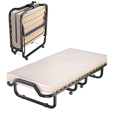 COSTWAY 90x200cm Gästebett mit Matratze aus Rückstellschaum, Klappbares Einzelbett, Stabiler Metallbett bis 120 kg, Klappbett auf Rädern, Faltbett für Camping & Gästezimmer, Tragbares Bett (Beige)