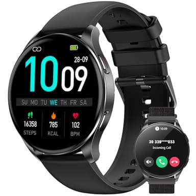 IOWODO Smartwatch Damen Herren 2025 | 1.43" AMOLED Always-On Display | Bluetooth-Anrufe | IP68 Wasserdicht Fitnessuhr mit 100+ Sportmodi | 24/7 Pulsmessung+SpO2+Schlaf | 7 Tage Akku+Schnellladung