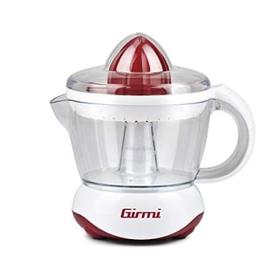 Girmi SR02 Elektrische Zitruspresse, 25 W, 700 ml Kapazität, Komplett zerlegbar, Filtersieb, Doppelrichtungsrotation, Zwei Presskegel für kleine und große Früchte, Rot/Weiß