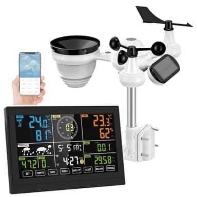 PetierWeit 7-in-1 Wlan Wetterstation, Professional Wetterstation mit Windmesser und Regenmesser, mit 7.5 Zoll Digital Farbdisplay, Solarsensor für Zuhause, Büro Hausgarten