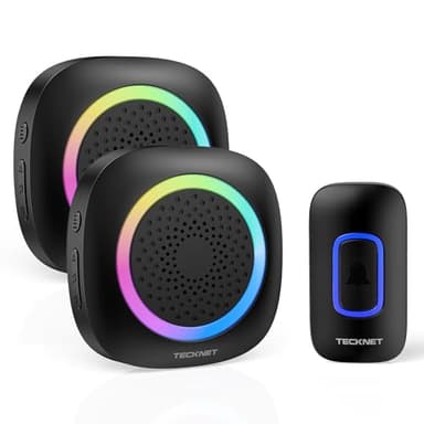 TECKNET Funkklingel, Funkklingel Aussen Wasserdicht 2 Empfänger Mit RGB Licht, 60 Melodien, IP66 Funk Klingel Set, 400m Kabellose Türklingel Batteriebetrieben Kit mit 4,5 Jahre Lebensdauer