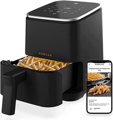 NEWLUX - Airfryer 2 l Air Power V20 (1200 W) mit 8 Programmen und Touch-LED-Panel, Luftfriteuse 2 l (bis 230 ℃) für 2 Personen, leicht zu reinigen und mit Rezept-App - PFOA-frei | Schwarz