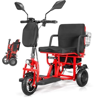 Elektromobil Klappbar,Mobilitätsroller Mit 3 Rädern,Faltbares Elektromobil für Senioren,Elektroroller mit Sitz Erwachsene,Elektrischer Rollstuhl Kommt Mit Korb Und Ladegerät (Rot)