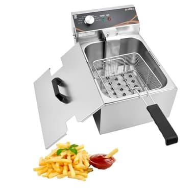 DULNICE 6L Gastro Friteuse mit Einzeltank & Deckel Friteuse mit Fett 3000W, Edelstahl Elektrische Friteuse Temperaturkontrolle 60-200°C Schnelles Erhitzen für Heim und Gewerbe