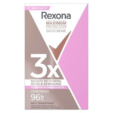 Rexona Women Maximum Protection Anti Transpirant Deo Creme Confidence Deodorant mit 96 Stunden Schutz gegen starkes Schwitzen und Geruch mit 3x Schutz bei Stress, Hitze & Bewegung 45 ml
