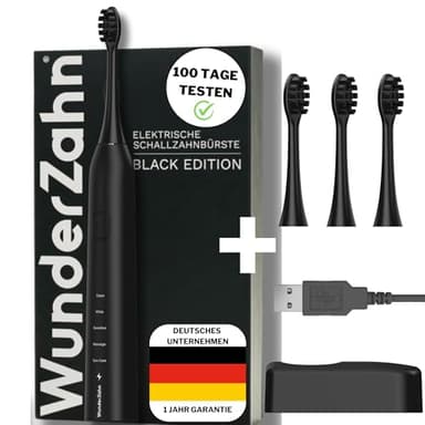 WunderZahn Elektrische Schallzahnbürste Clean Pro ALL BLACK 100 Tage risikofrei testen | Smarter 2 Min.-Timer | 3x Bürstenkopf | Zahnbürste mit 5 Putzprogrammen | 6 Wochen Akku