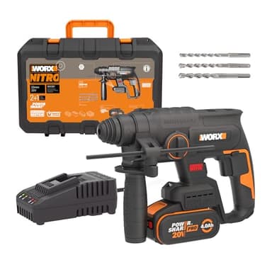 WORX NITRO WX381 Akku Bohrhammer 20V- bürstenloser Motor - multifunktionales Werkzeug zum Bohren, Hammerbohren & Meißeln - 2 Joule Schlagenergie - inkl. 20V 4Ah Pro Akku & Schnellladegerät