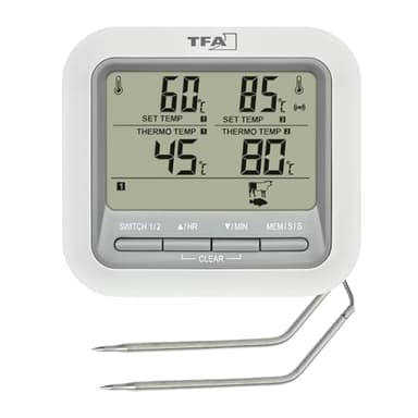 TFA Dostmann Digitales Grill-Thermometer Bratenthermometer, 14.1516, mit 2 Edelstahlsonden, Fleischthermometer für Backofen und Grill, bis 300°C, mit Alarmfunktion, Rind/Schwein/Hühnchen/Fisch, weiß