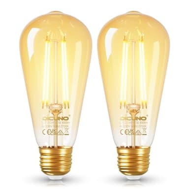 DiCUNO Edison Vintage Glühbirne, E27 LED Klasse B 2,5W ersetzt 40W, 480lm, 360°, Warmweiß 2700K, ST58 LED Filament Retro Glühbirne, Bernsteinfarbenes Glas, flimmerfei, nicht dimmbar, 2er Pack